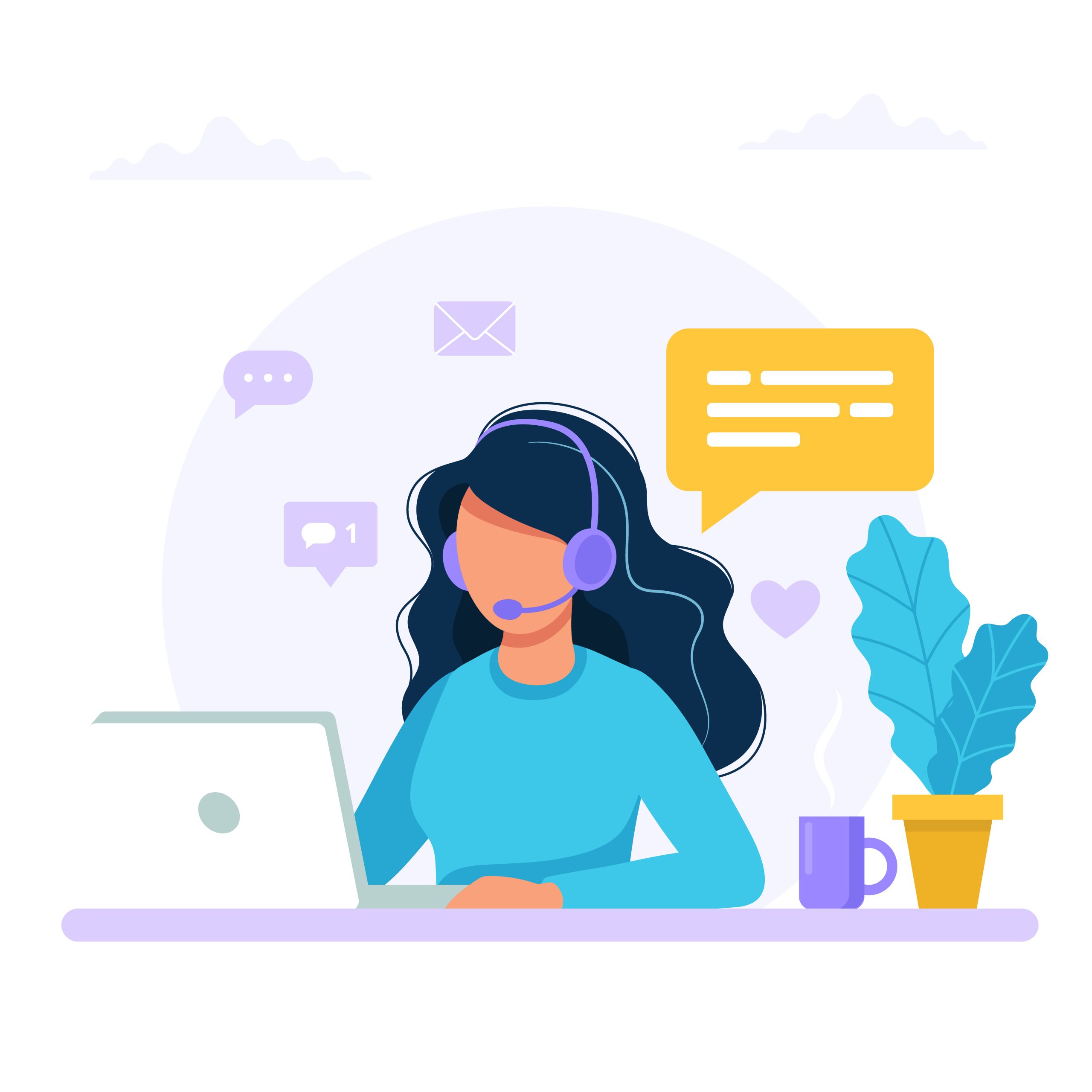 Contact us. Woman with headphones and microphone with computer. Concept illustration for support, assistance, call center. Vector illustration in flat style